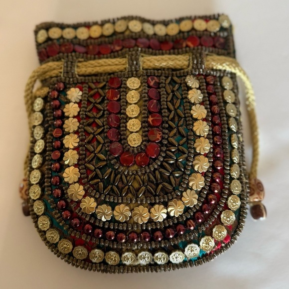 Bohemian Beaded Vibrant Red And Gold Drawstring Closure Small Unique Bag - Picture 8 of 10